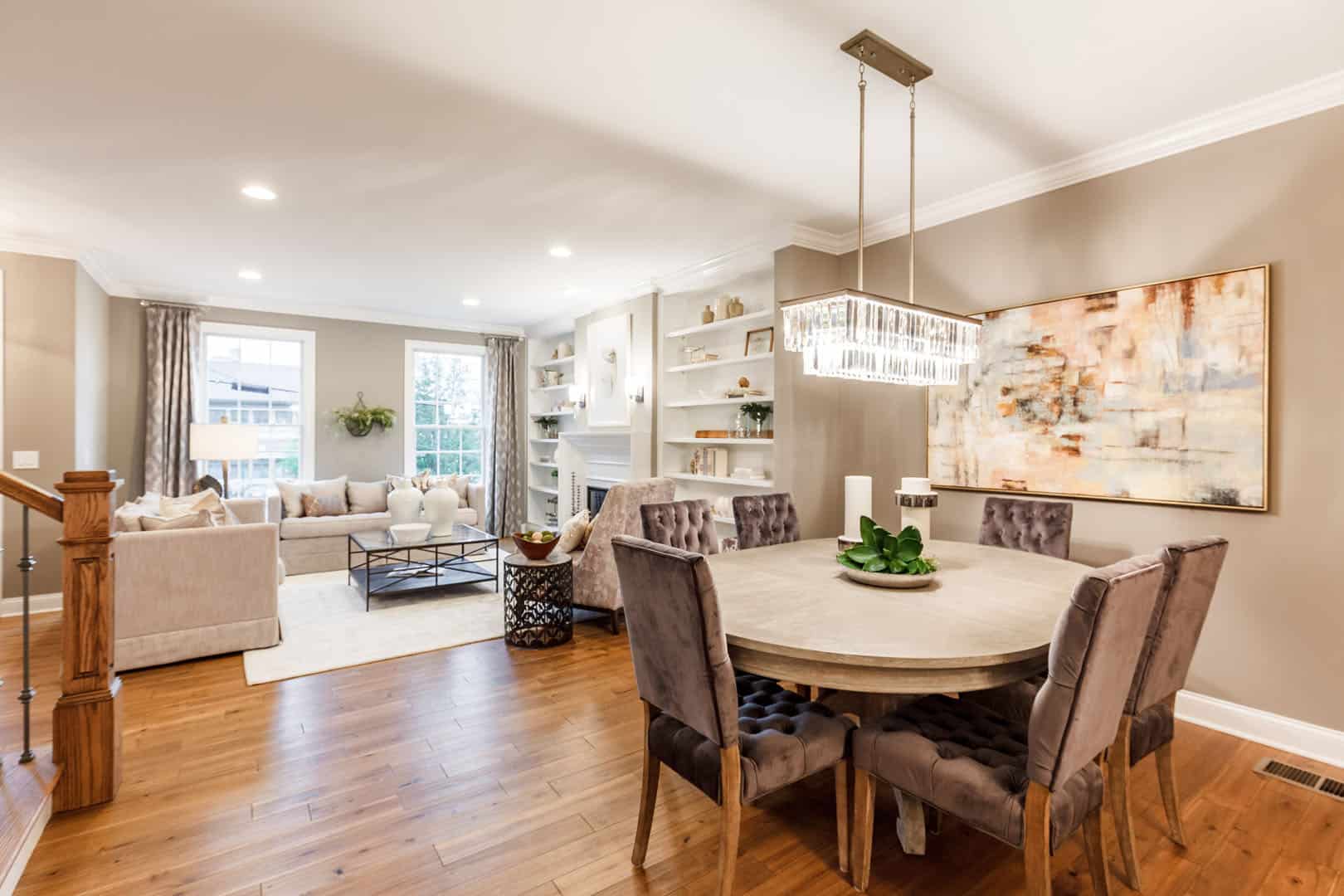 living room with dining room