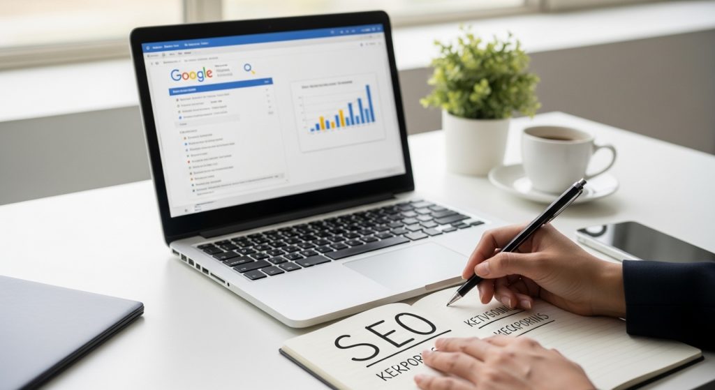 How to Write SEO Content That Ranks on Google and Earns Money seo content writing with keyword research and google analytics on laptop