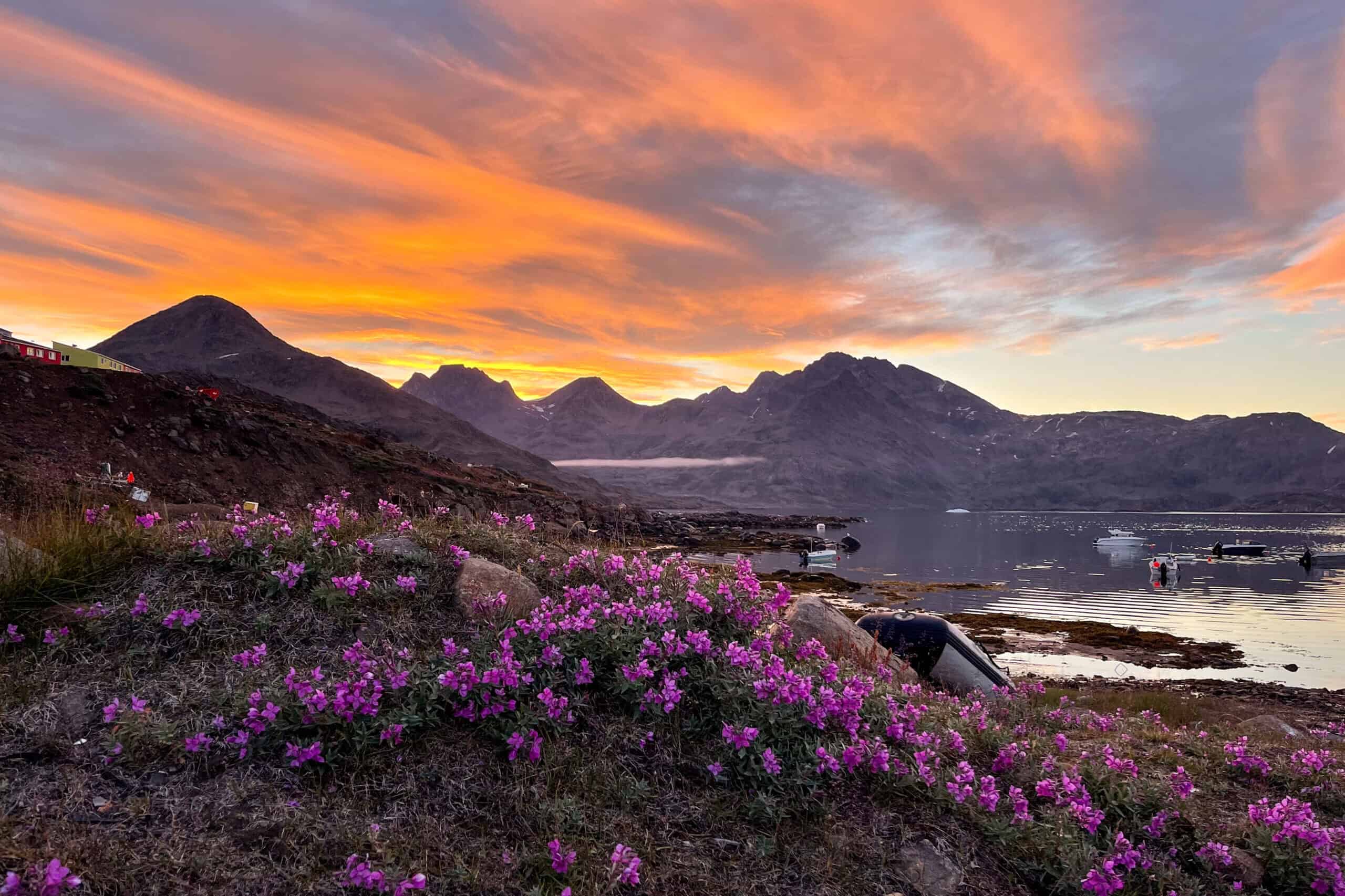 Sunset in Tasiilaq with view over the dog place.