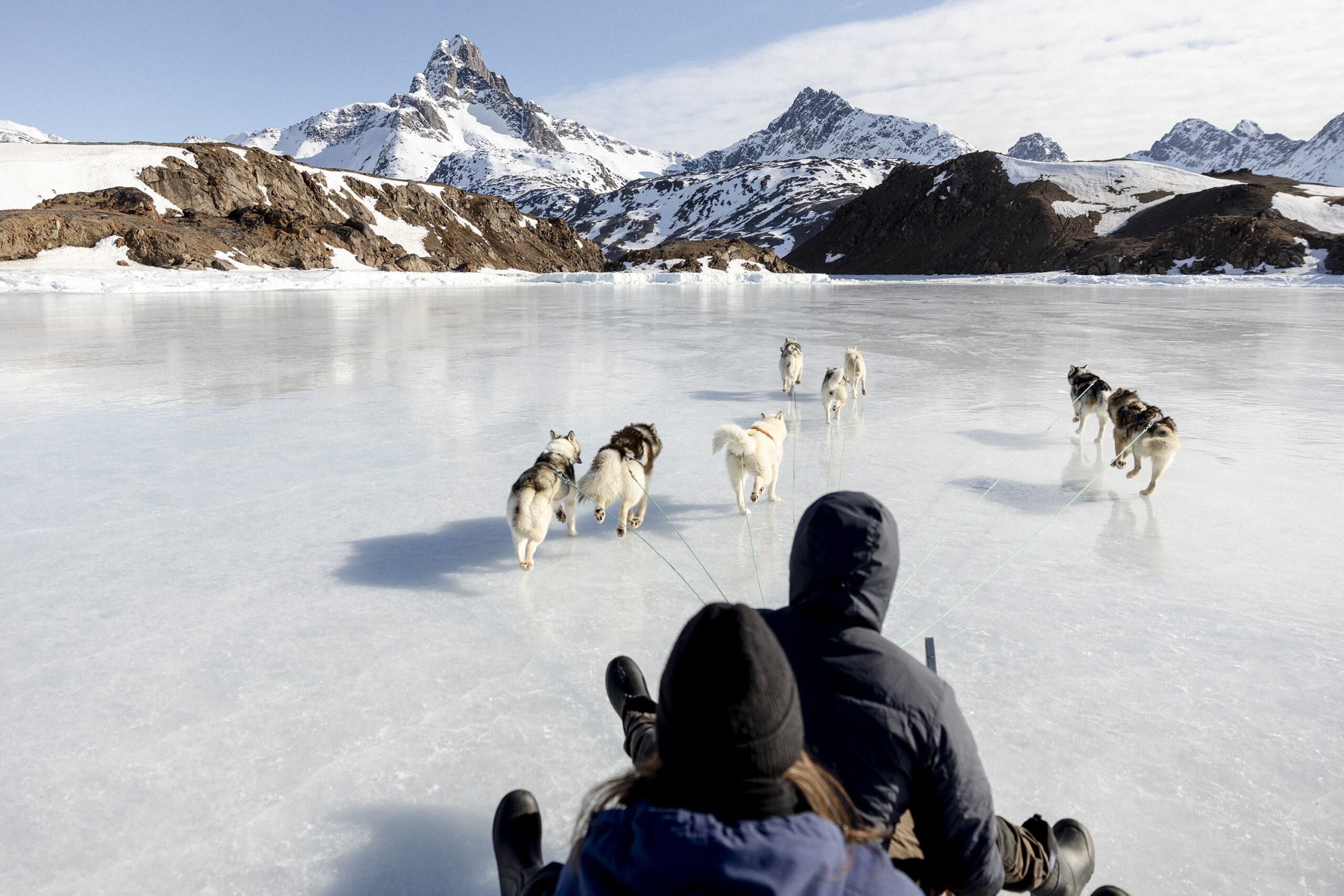 Dogsledding through the ice covered sea in Tasiilaq.
