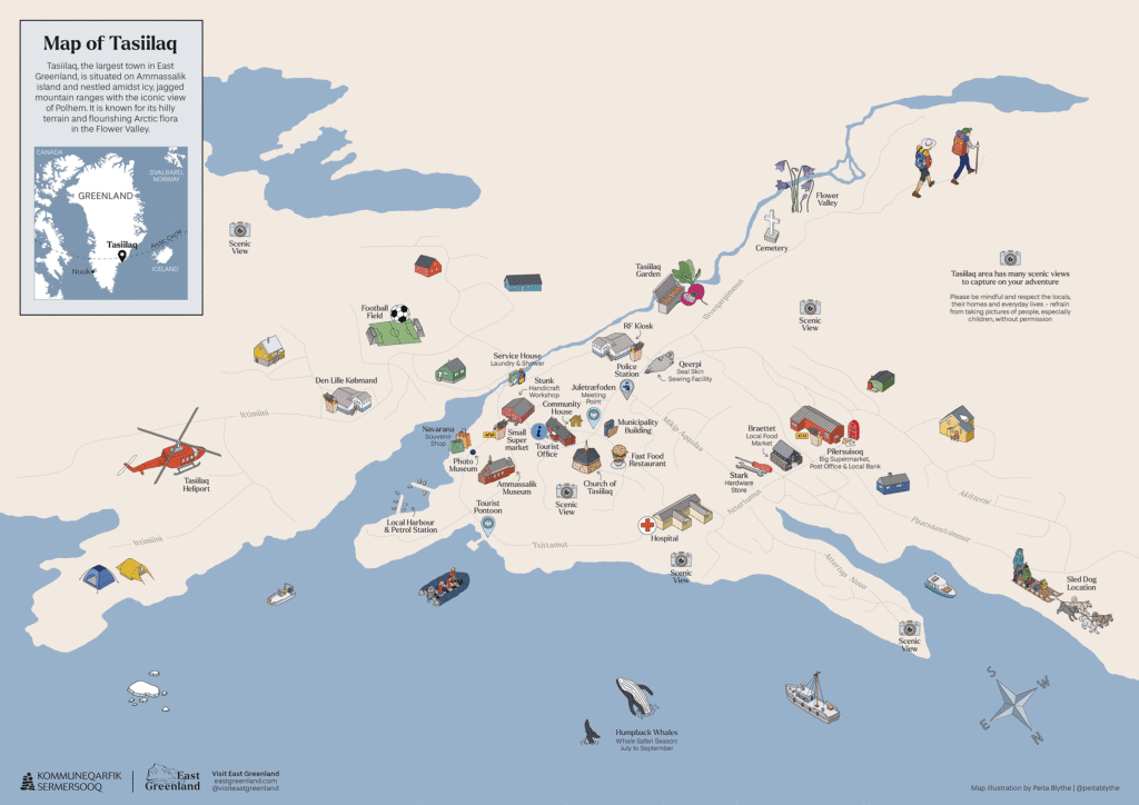 Hand-drawn illustrated map of Tasiilaq and the Ammassalik fjords