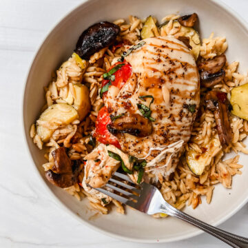 This is the top view of the one pan baked caprese chicken.