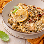 Pinterest photo of my chicken lemon orzo served.