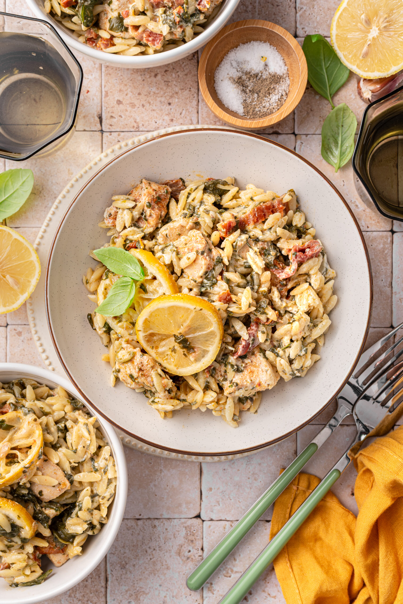 Overhead shot of my one pan chicken orzo.