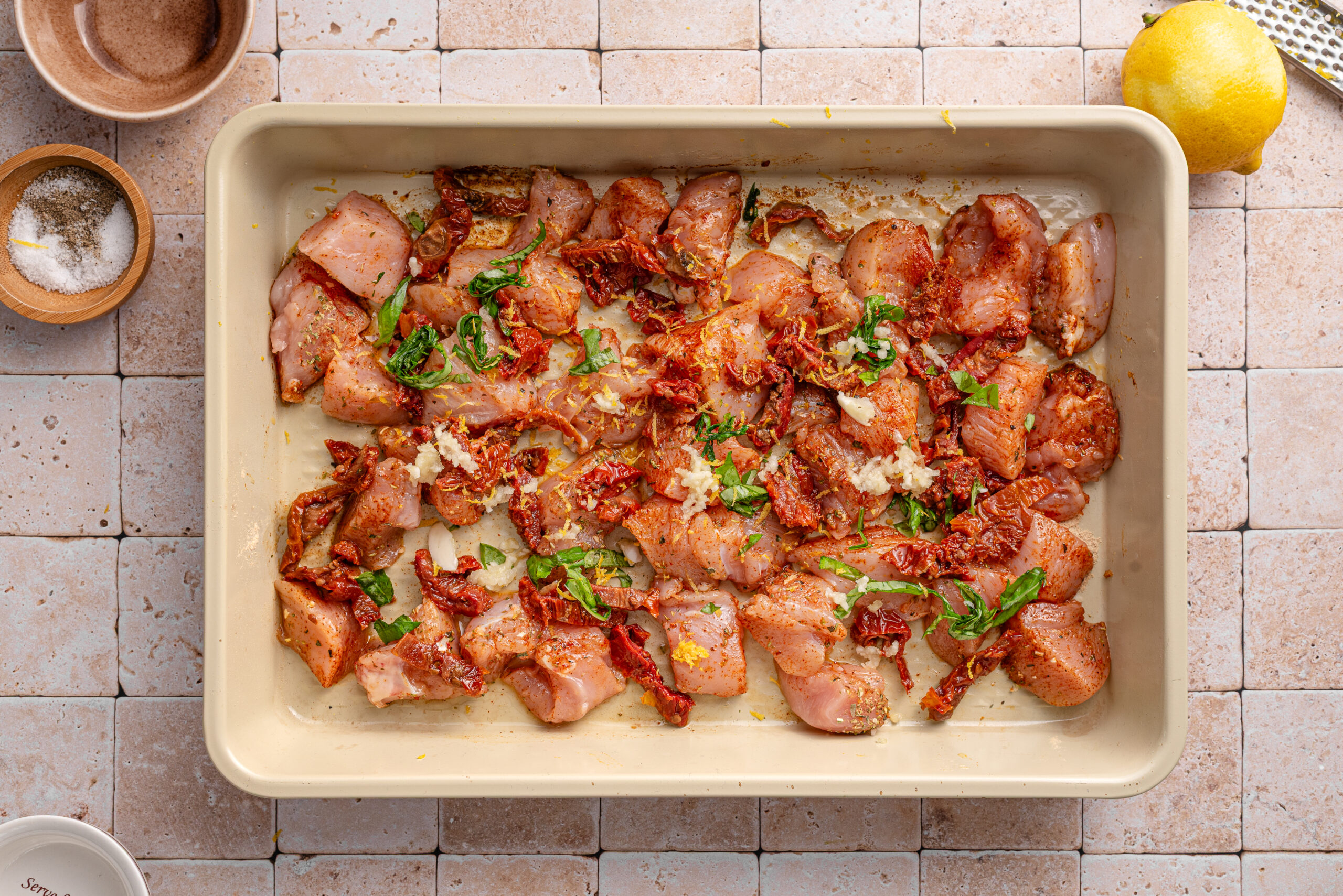 All the side ingredients added on baking sheet.