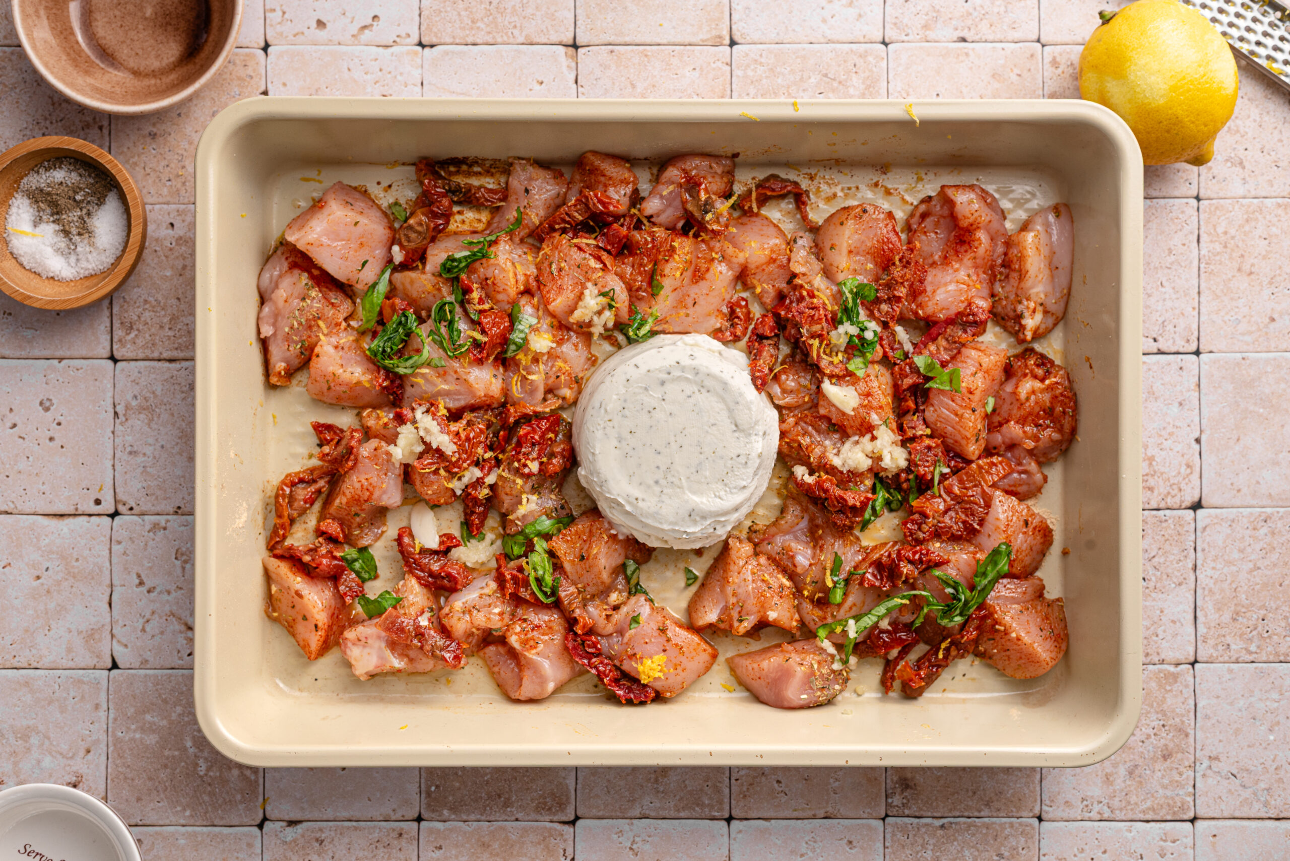 Overhead shot of baking dish with all ingredients to make recipe.