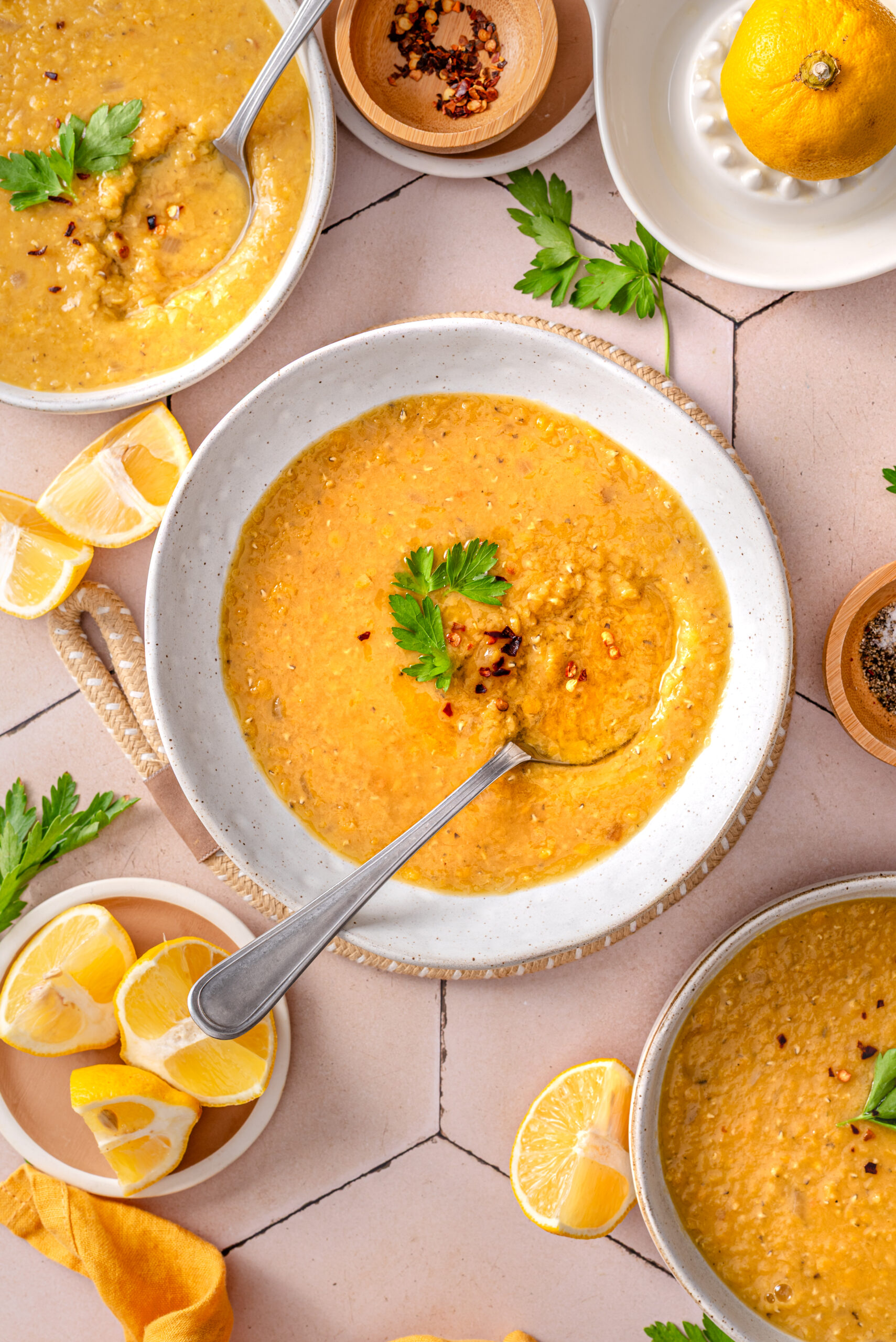 this is a top view of my simple middle eastern lentil soup that's made in the instant pot.