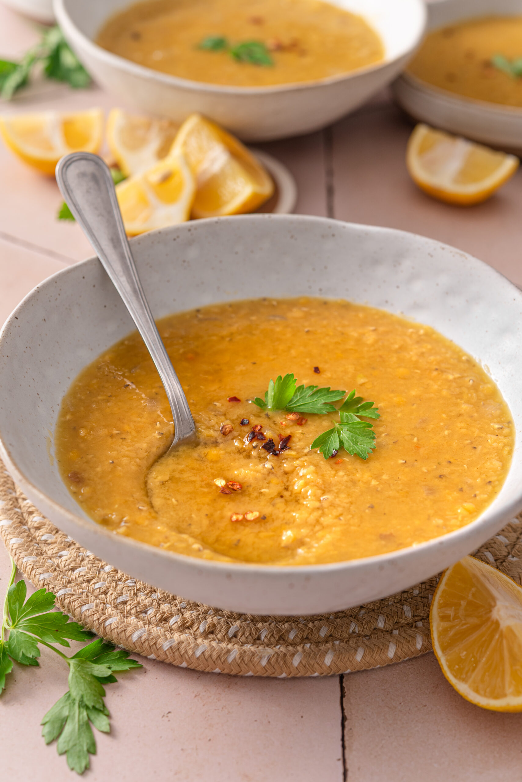 this is a side view close up of my simple middle eastern lentil soup that's made in the instant pot