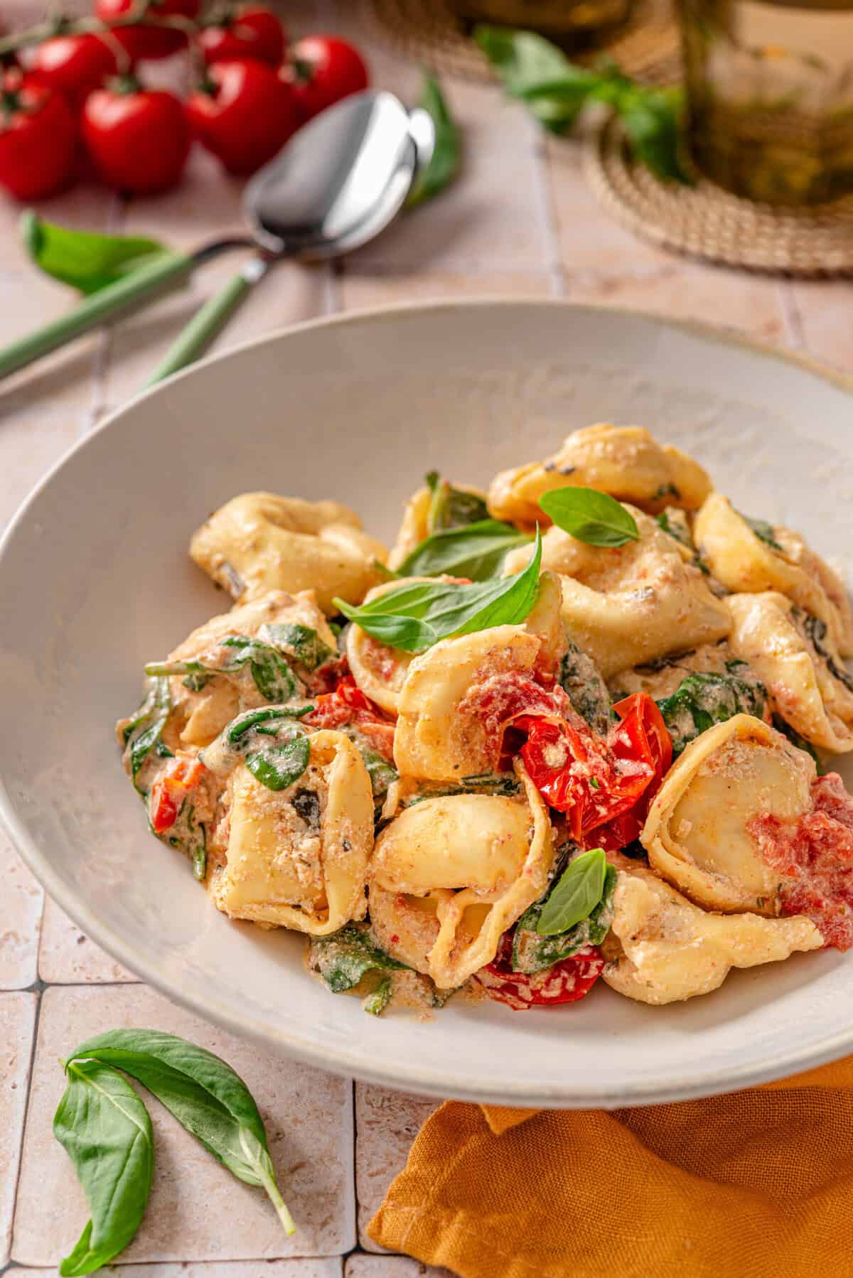 this is a side view close up of my tortellini bake with boursin and tomato in a bowl 