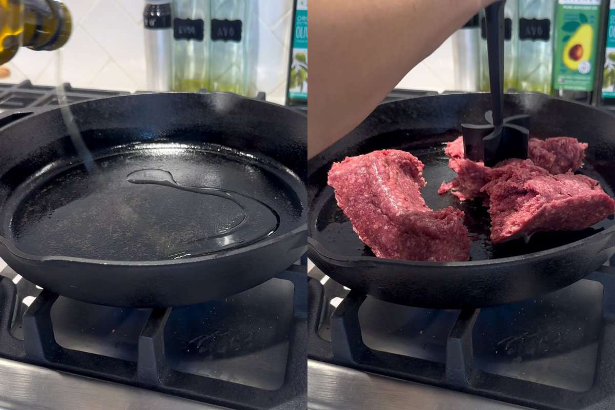 this shows me adding oil and ground beef to my cast iron skillet