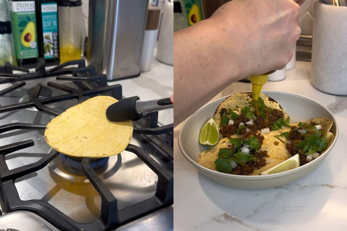 this shows me charring my tortillas and topping my street tacos.