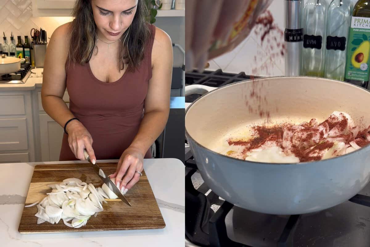 The left portion of the image shows me thinly slicing my onions on a cutting board. The right half of the picture shows me adding the onions, to a pan with oil, salt and sumac. 