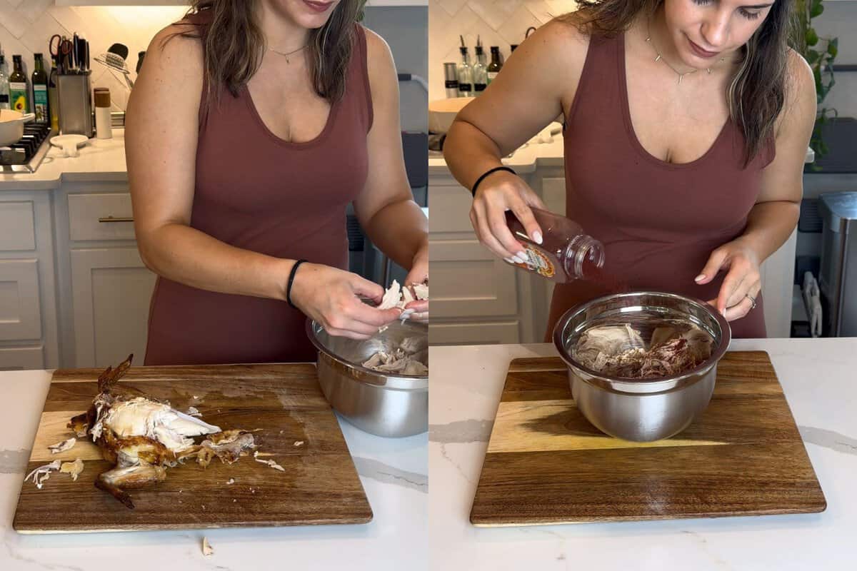 The left portion of the picture shows me pulling the meat off the rotteserie chicken and adding it to the bowl. The right side shows me seasoning the chicken in the bowl. 