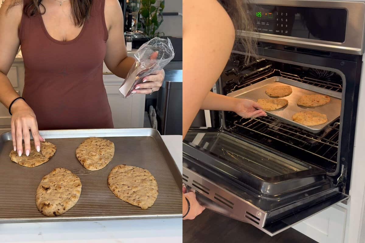 The left portion of the picture shows me adding the whole grain naan to a baking sheet and the right portion shows me putting the baking sheet in the oven to broil. 