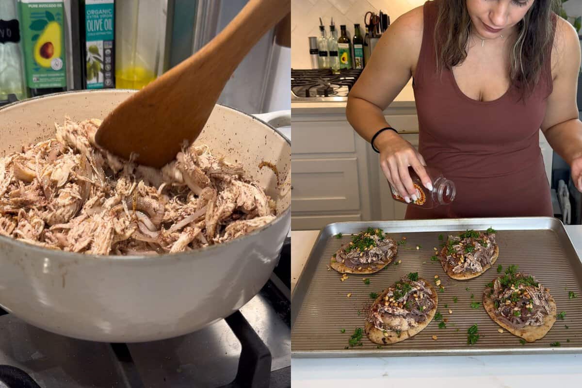 The left portion shows me adding the chicken into the pan with the onions and the picture on the right shows the naan topped with the chicken and onion mixture, toasted pine nuts and chopped parsley 