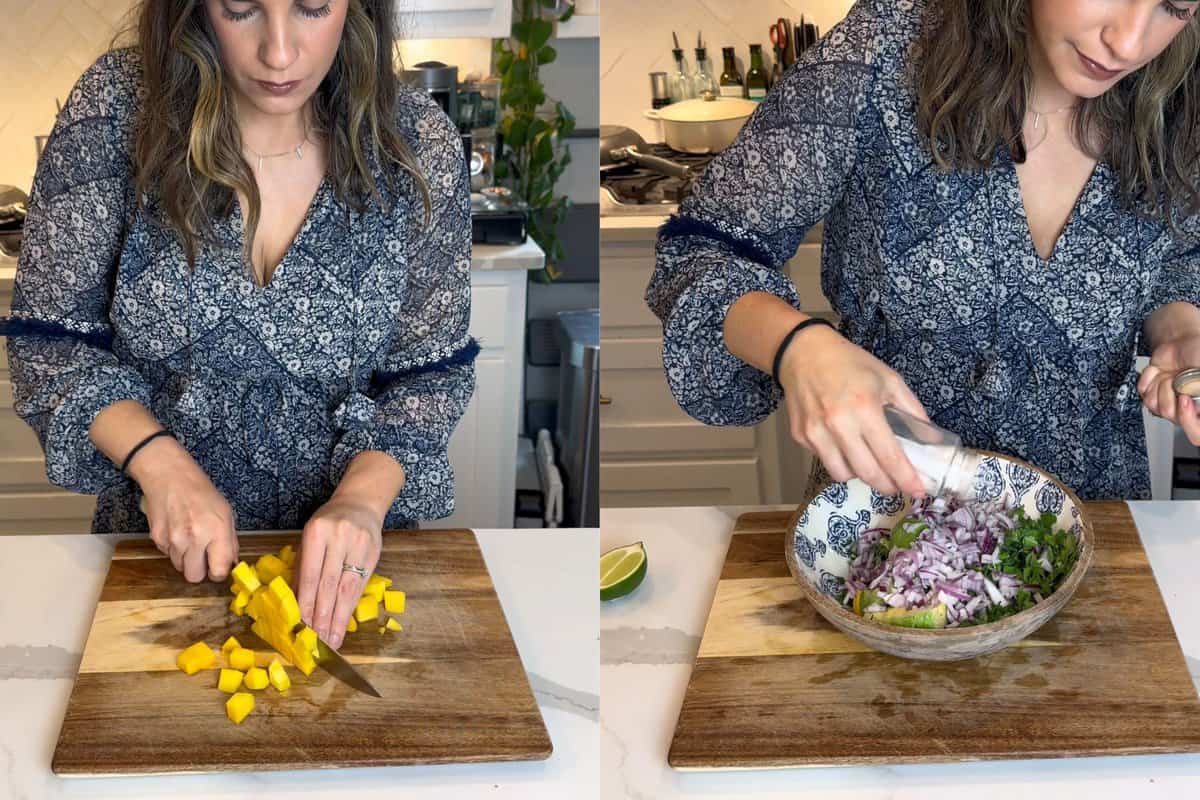this shows me slicing mangos on my cutting board and then adding all the ingredients into large bowl.