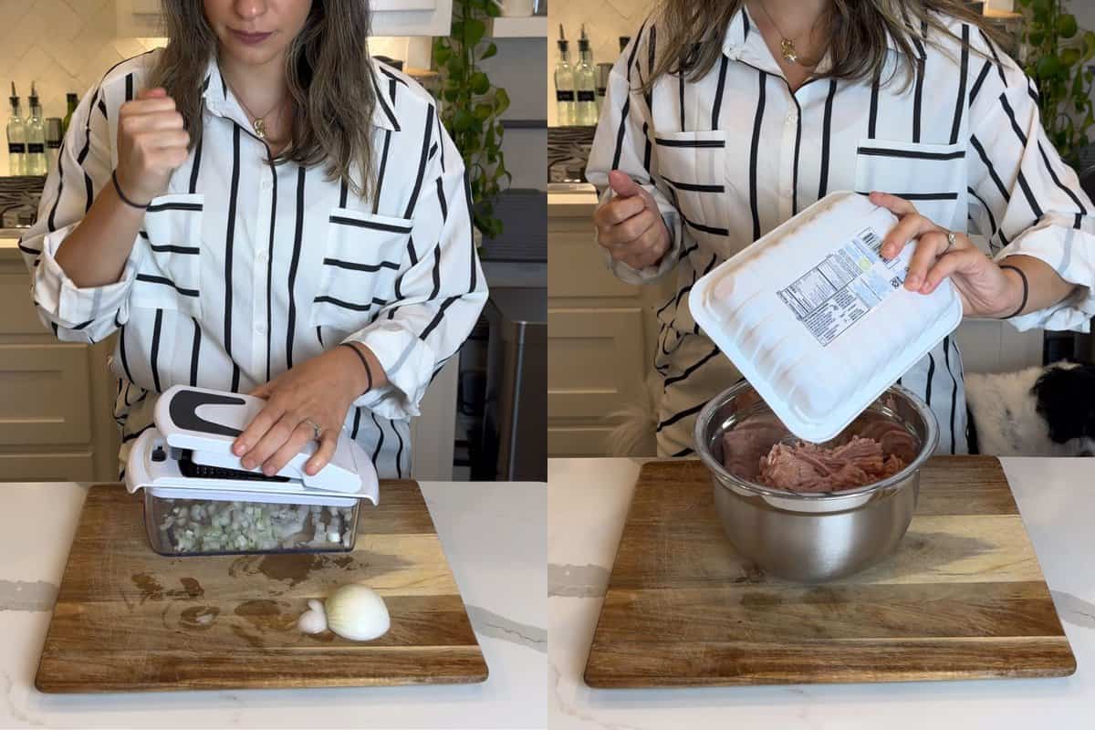 this shows me chopping my onions and adding all the ingredients into a large bowl 