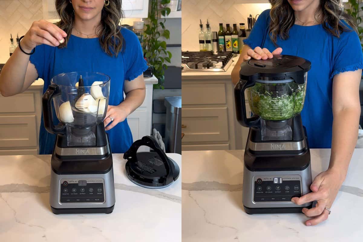 this shows me adding onions and herbs to my food processor and pulsing until they are super minced. 
