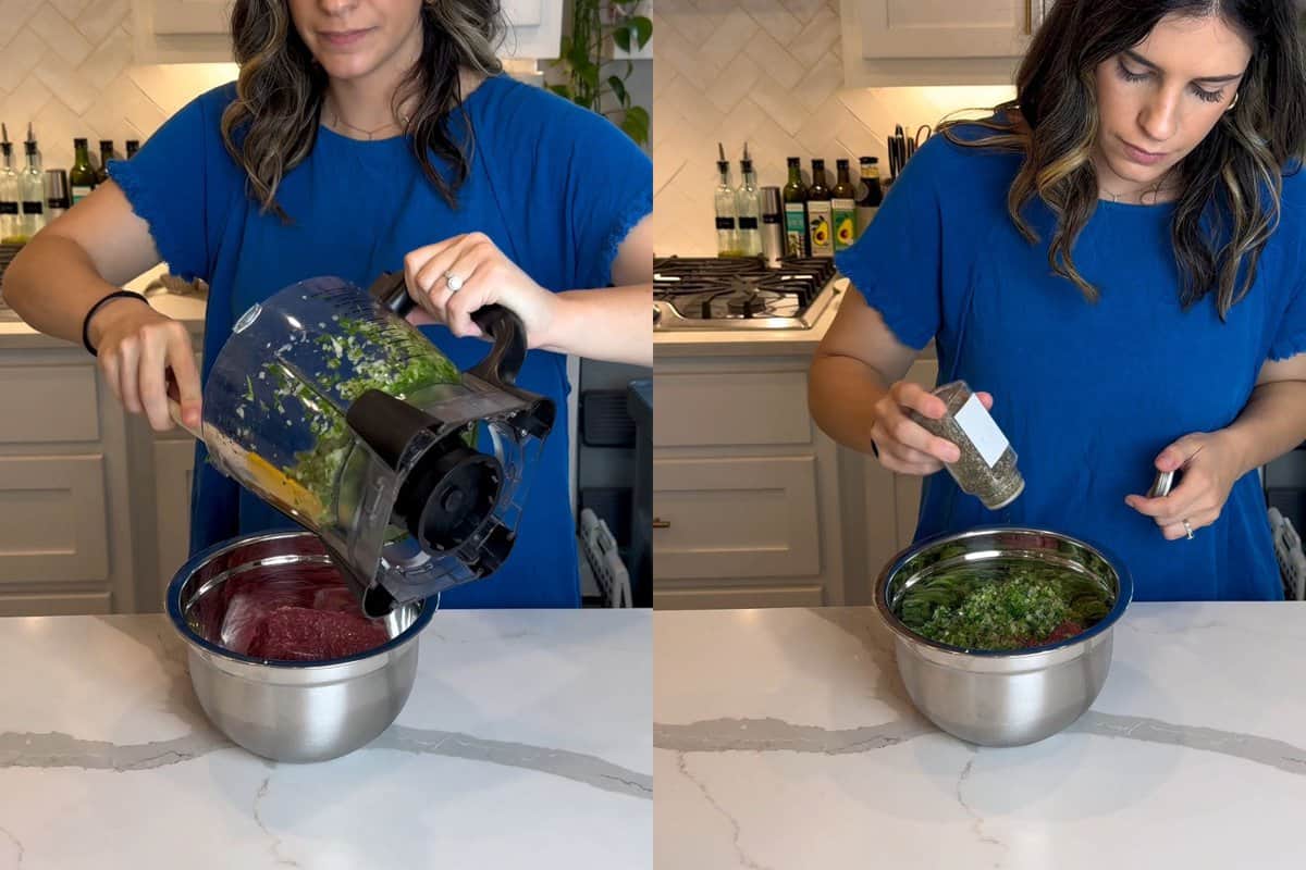 this shows me adding my minced herb and onion mixture into a small bowl with my ground beef. 