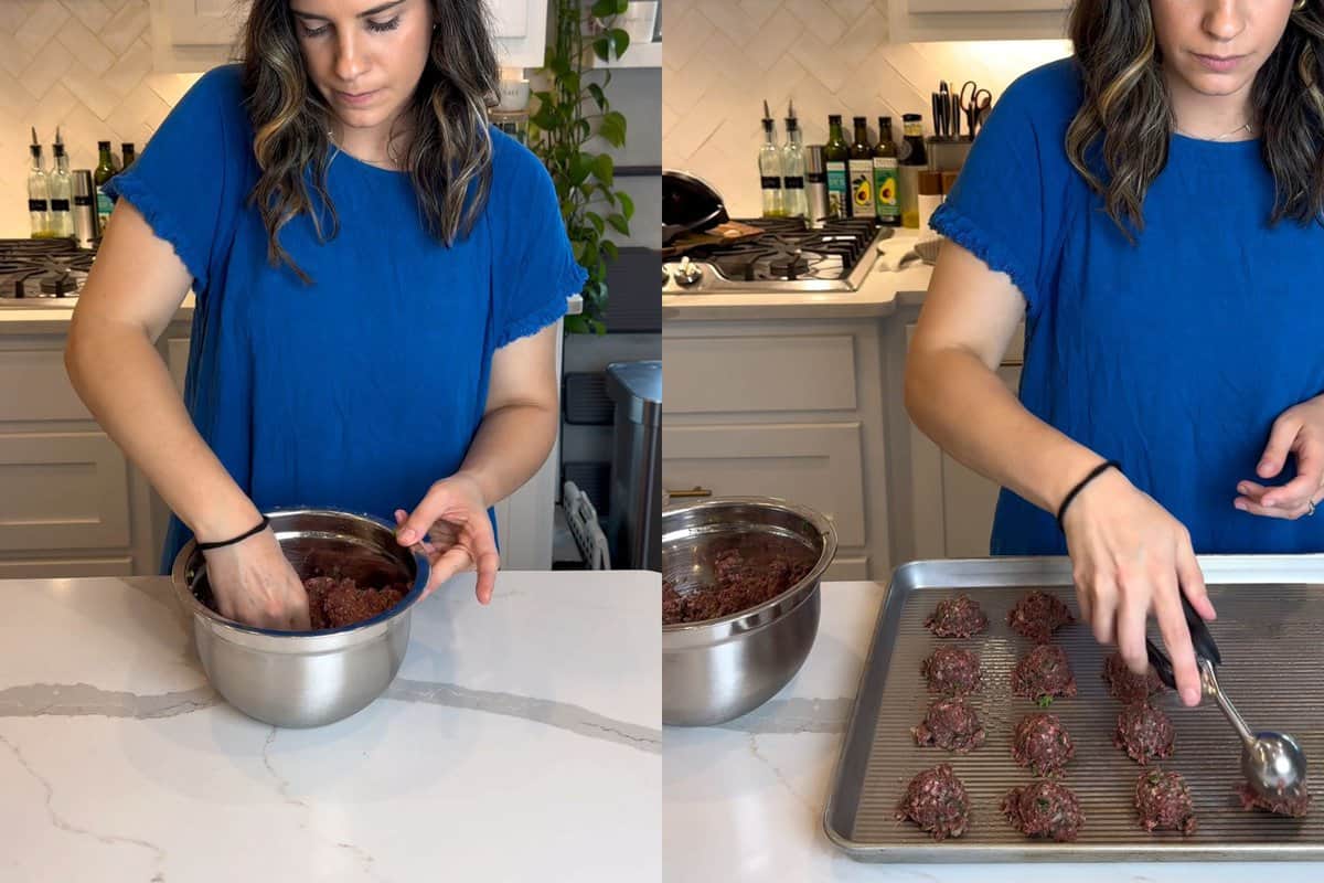 this shows me mixing my meat mixture with my hands until well combined and then using a scoop to scoop the meatballs on to the XL baking sheet. 