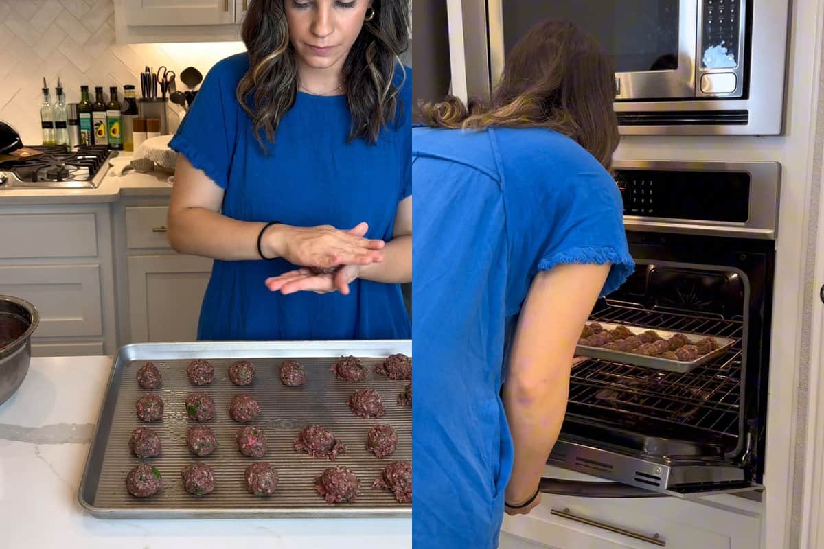 this shows me rolling the meatballs with my hands to create even balls and then placing the baking sheet into the oven. 