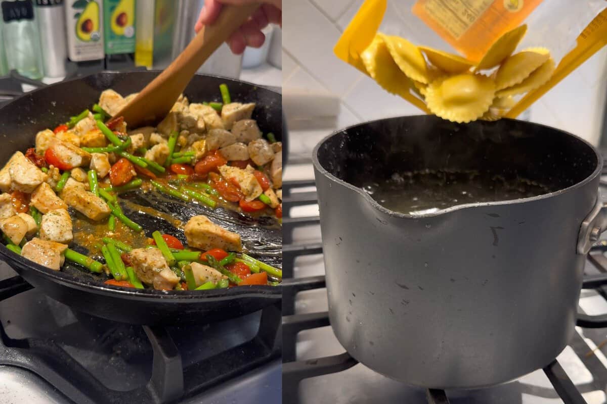 this shows me adding my chicken back in to the pan to reheat it and then cooking my lemon ricotta ravioli.