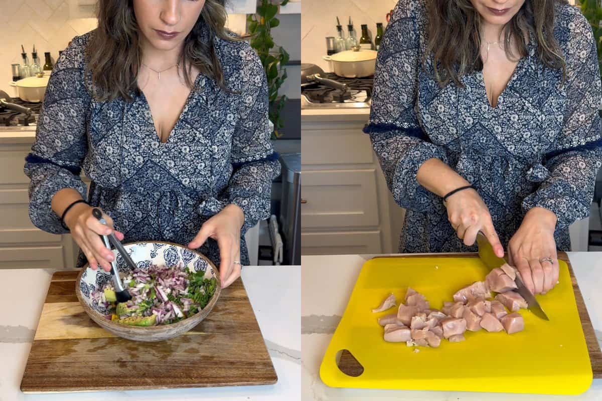 this shows me tossing the salsa and dicing my chicken.