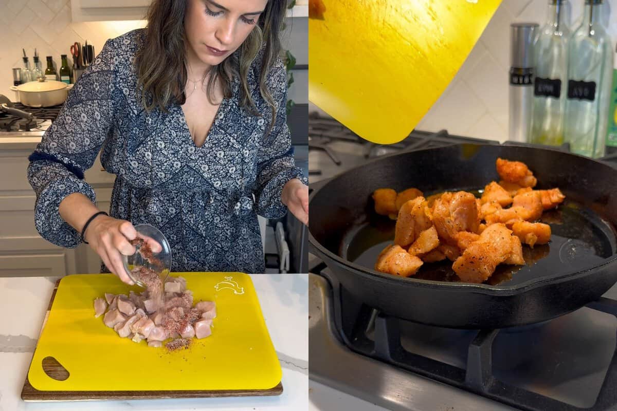 this shows me adding the blackening seasoning and then adding the chicken to a hot cast iron skillet