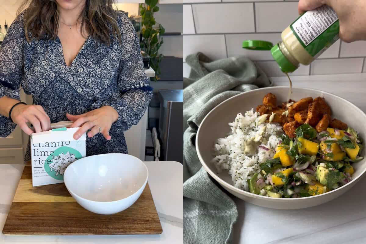 this shows me preparing the frozen cilantro lime rice and then dressing the bowl with primal kitchen avocado lime dressing.