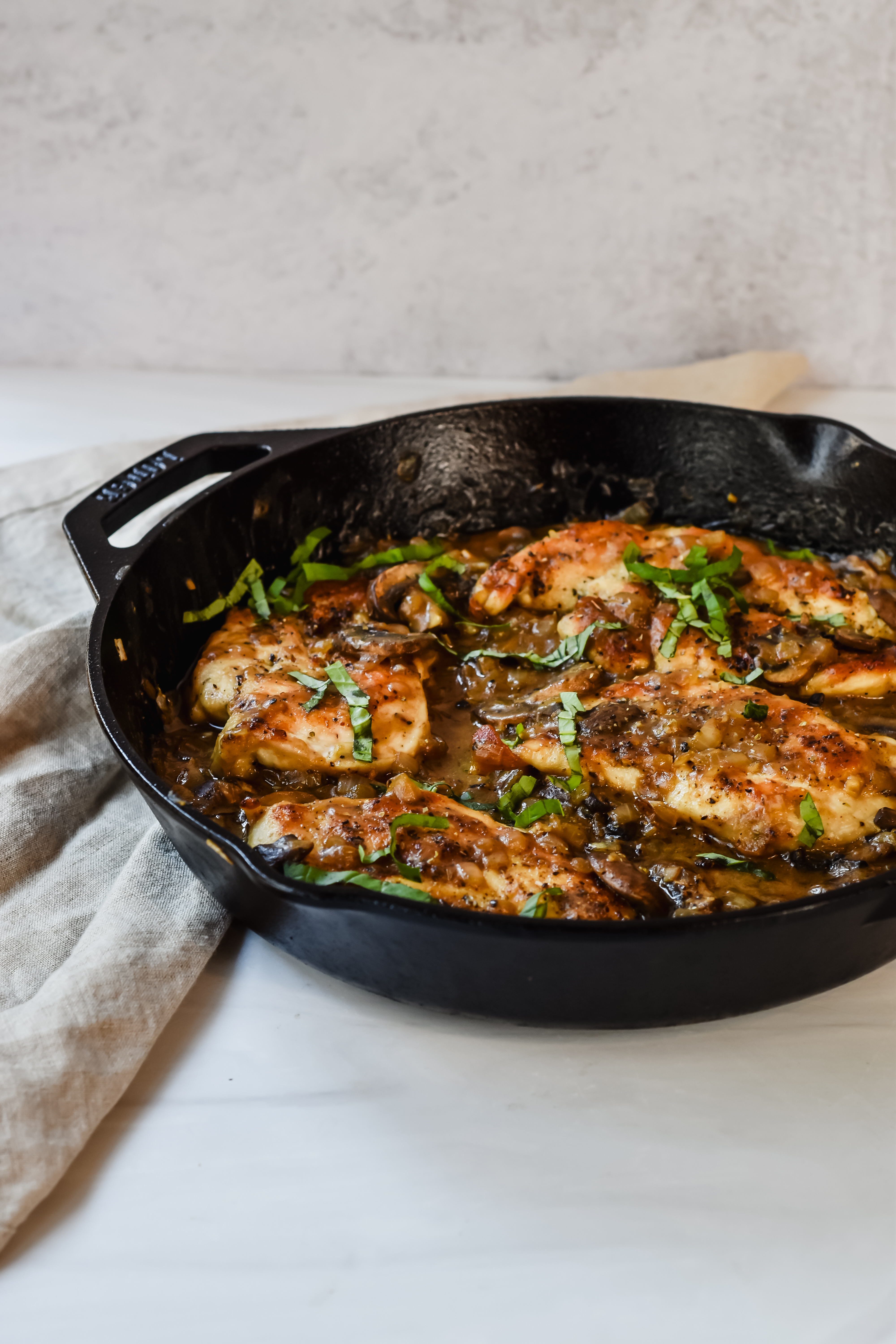 this is my chicken marsala recipe without wine in the skillet which I cooked it. It is a side view.