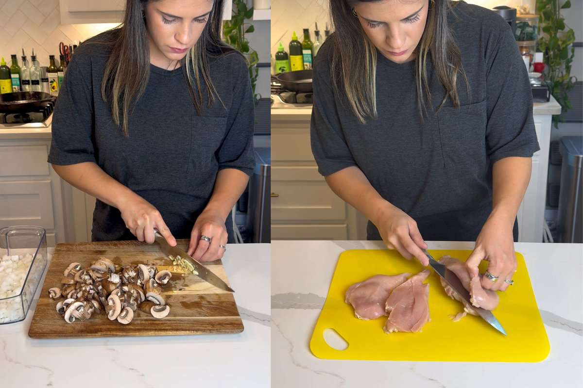 this shows me slicing my mushrooms and cutting my chicken breast in half horizontally.