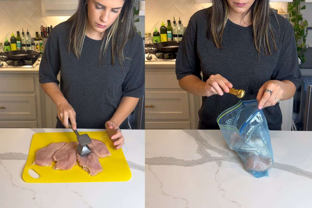 this shows me pounding out my chicken and then placing it in a plastic bag with the seasonings and flour. 