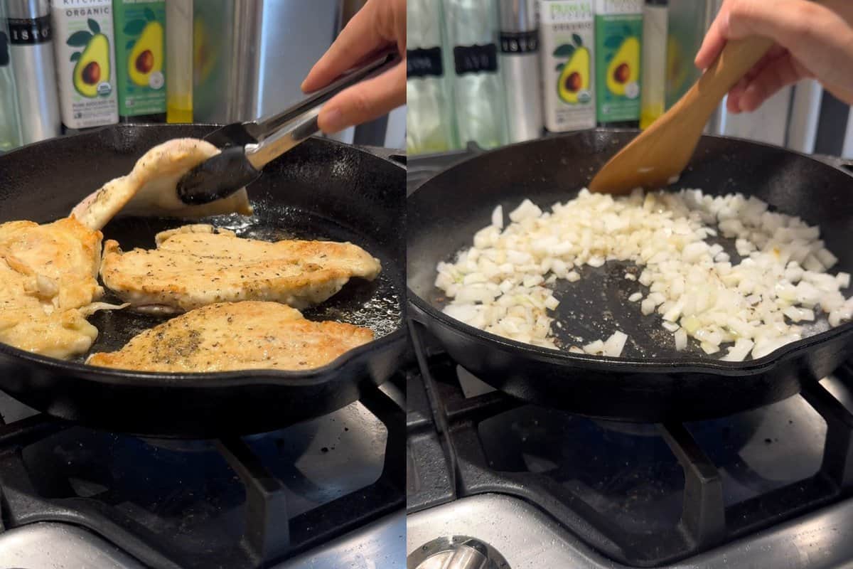 this shows me cooking my chicken breast on both sides and then removing it from the pan and then cooking my onions on the right hand side.