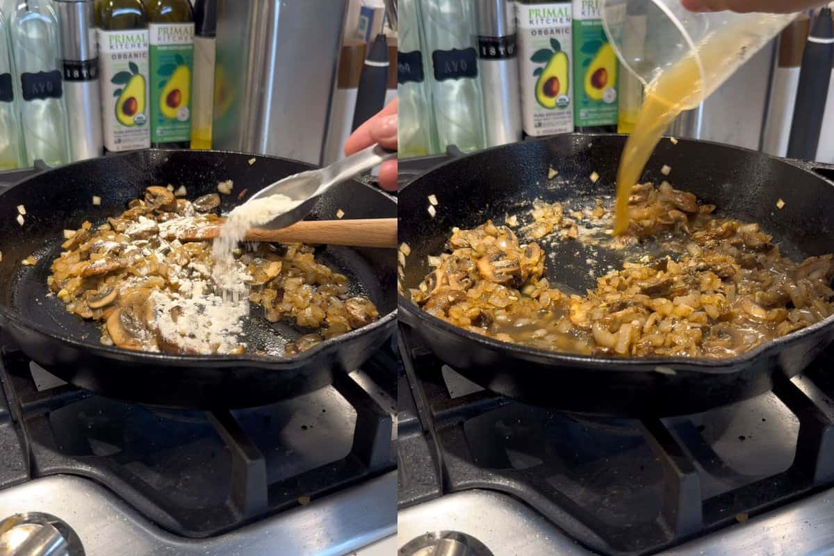 this shows me adding the flour and then the chicken bone broth 