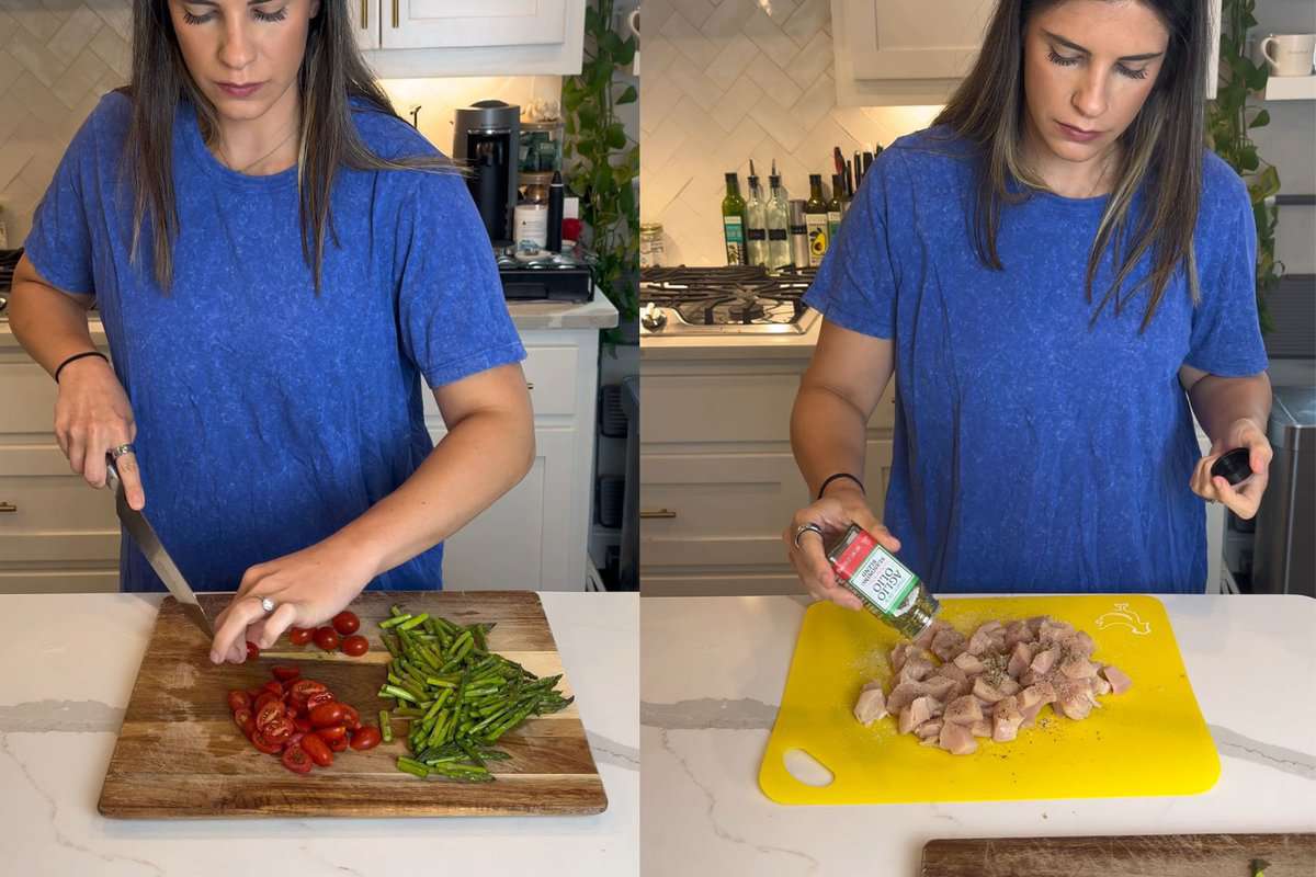 this shows me slicing my asparagus and tomatoes as well as my chicken breast and then adding seasonings.