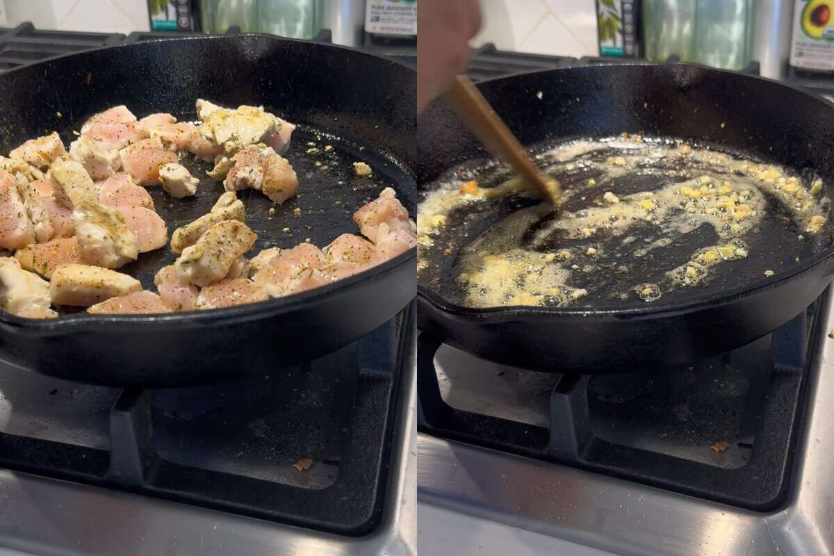 this shows me cooking the chicken and then removing it from the pan, then adding butter and minced garlic until I get a fragrant and browned garlic butter.