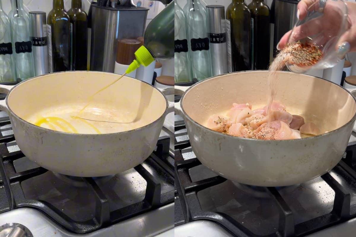 this shows me adding oil to my dutch oven as well as my chicken and seasonings