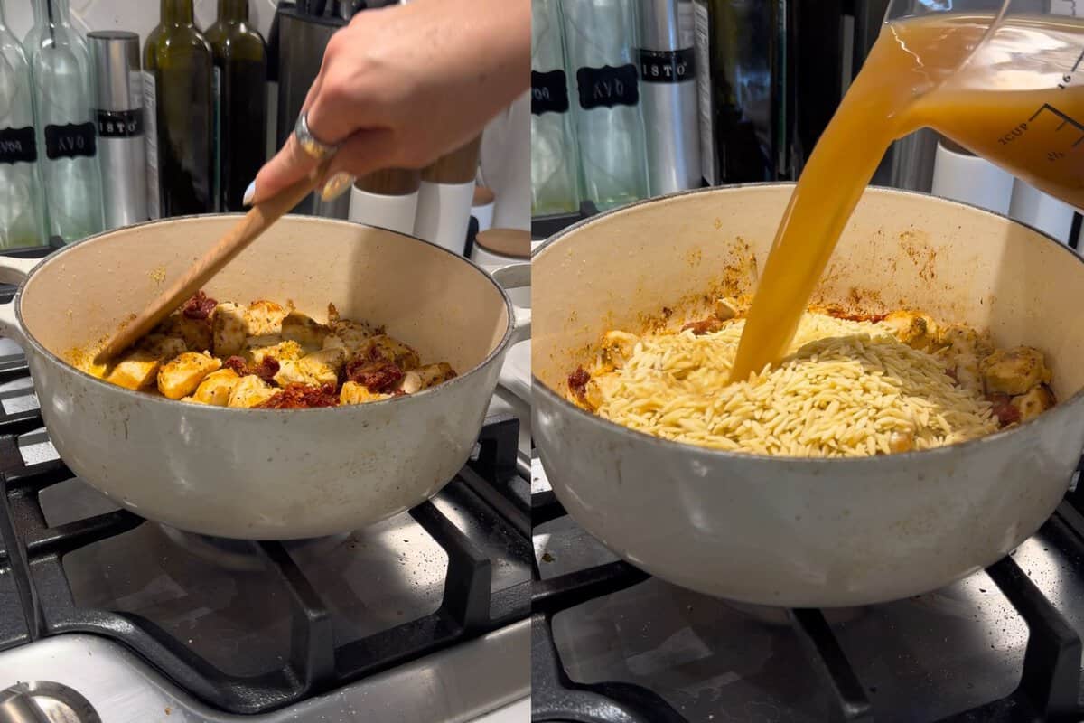 this shows me adding sun-dried tomatoes as well as dry orzo and chicken bone broth to my dutch oven