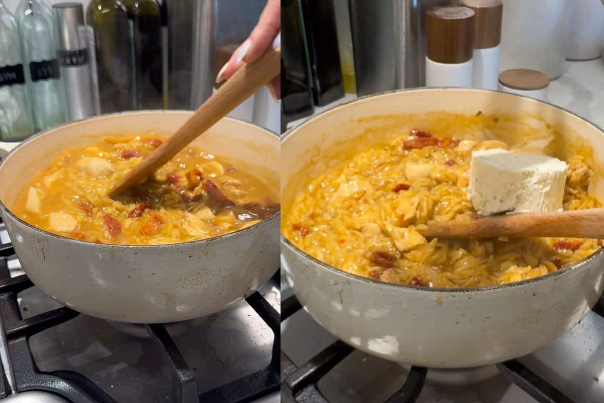 this shows the orzo cooking in the pot and then when the liquid is almost gone, it shows me adding in the boursin cheese. 