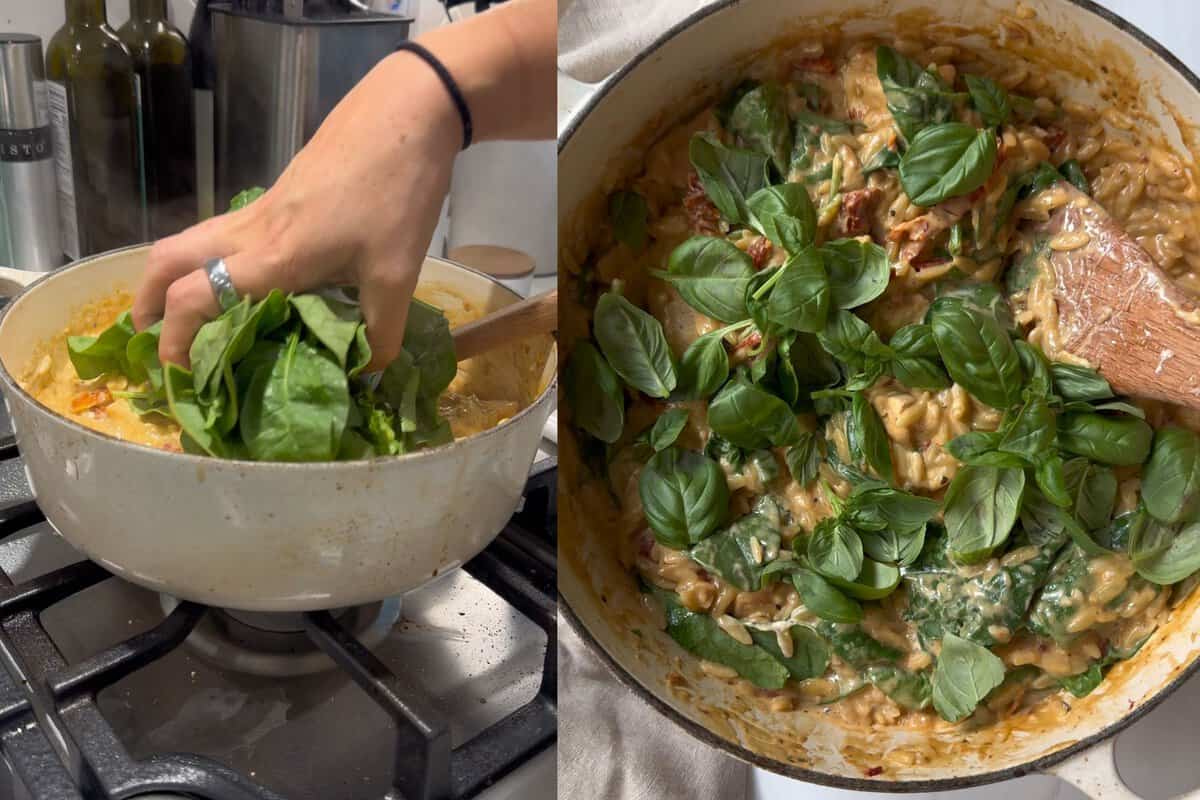 this shows me adding the spinach to my meal as well as the fresh basil.
