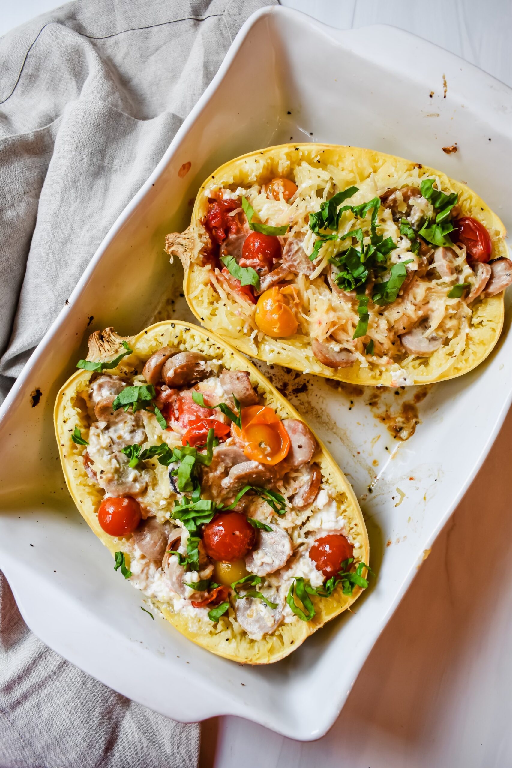 this is an top view of my feta baked spaghetti squash in the casserole dish. 
