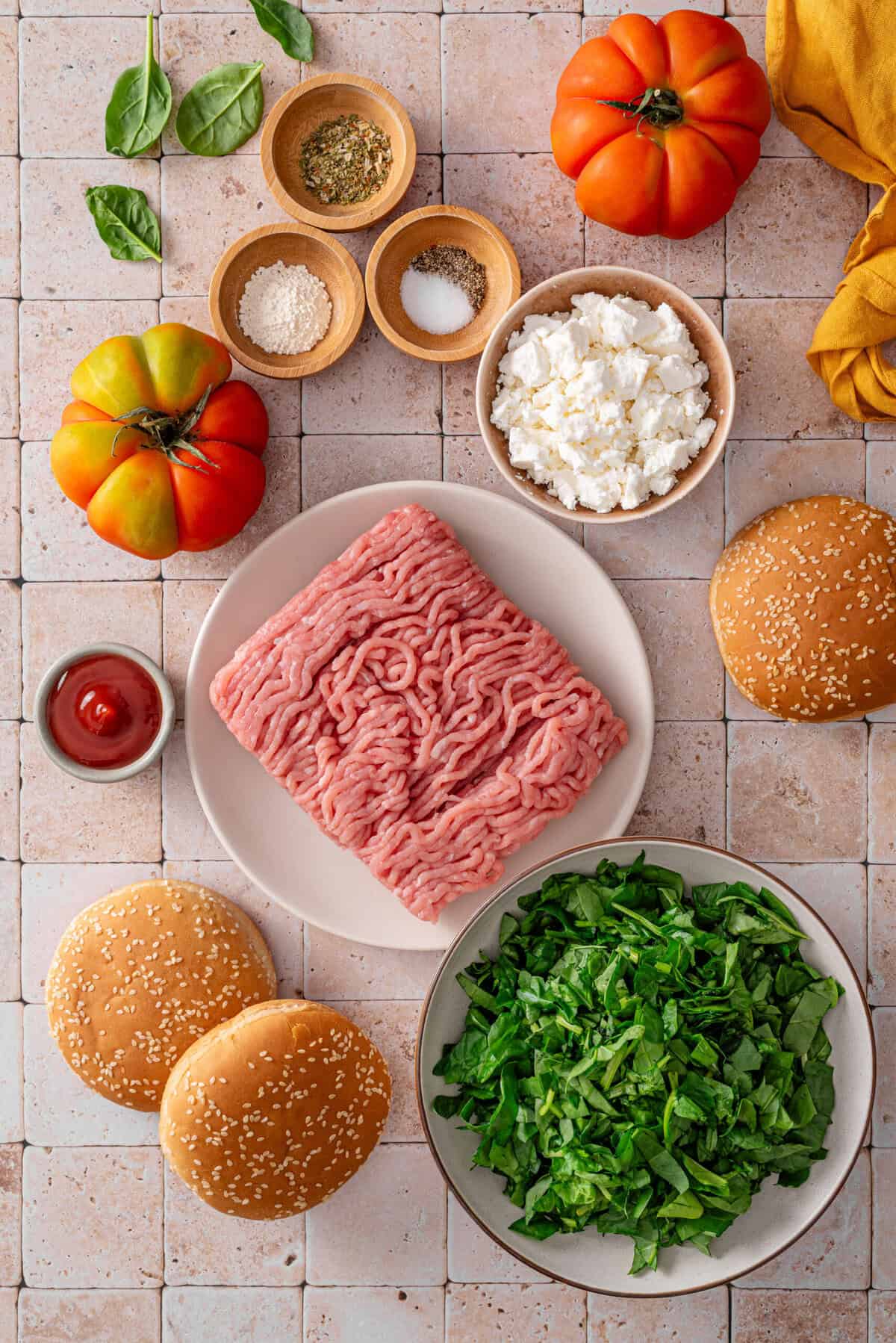 this is a top view of all the ingredients needed for my spinach feta burgers 