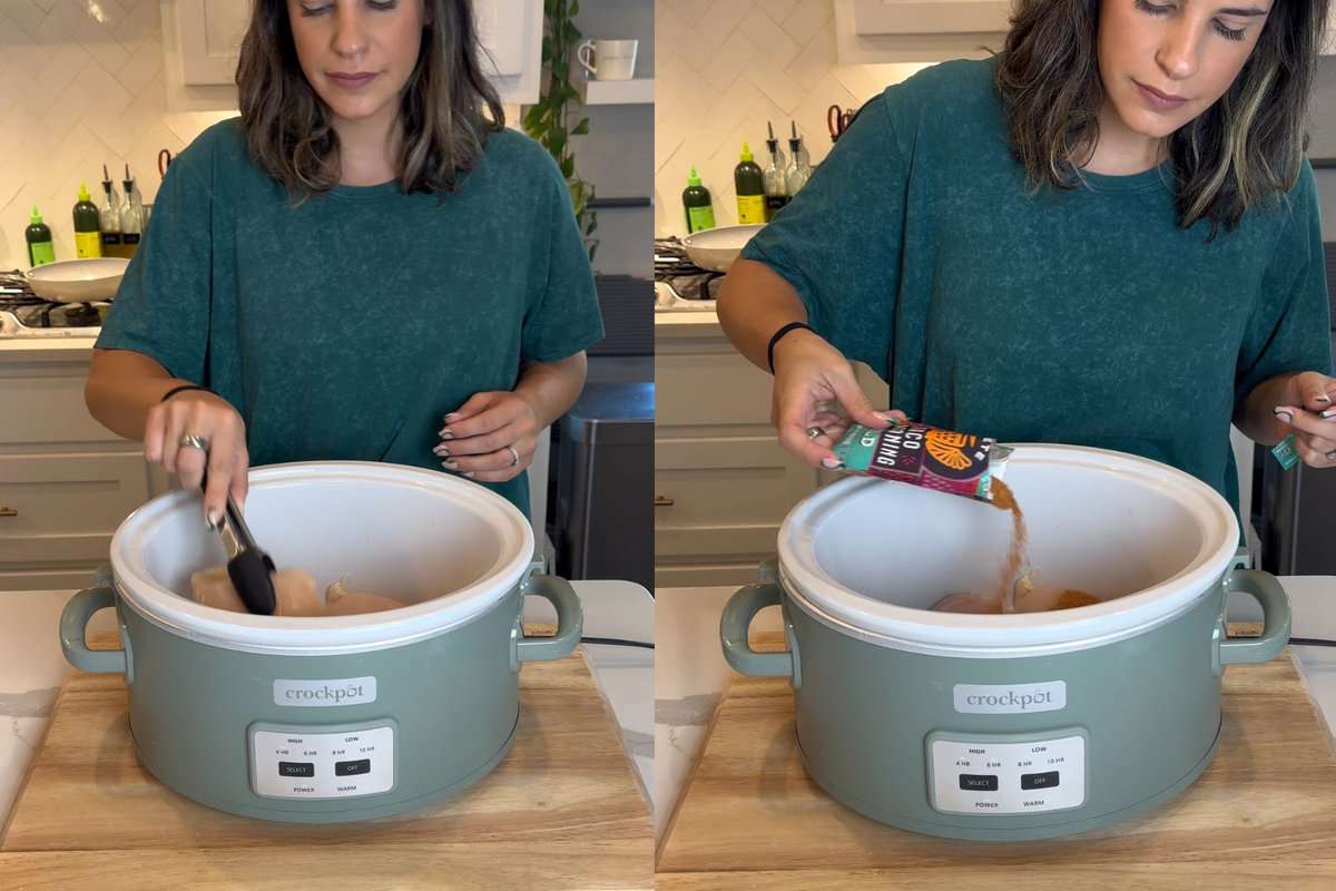 This shows me adding the chicken breast and the taco seasoning to the crock pot.