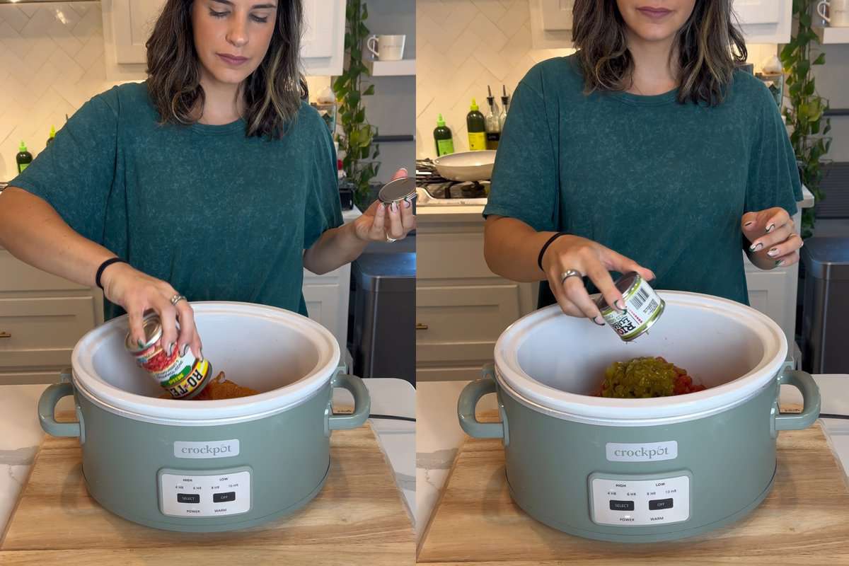 This shows me adding the rotel and diced green chiles to the crock pot.
