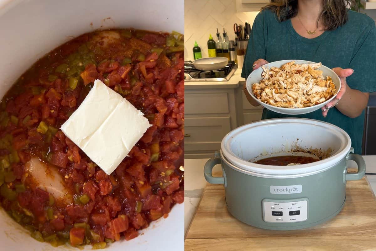 This shows me adding the cream cheese on top of the crock pot and after cooking for 3 hours on high, me removing the chicken to shred it and add it back in.
