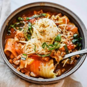this is a close up of my easy turkey lasagna soup