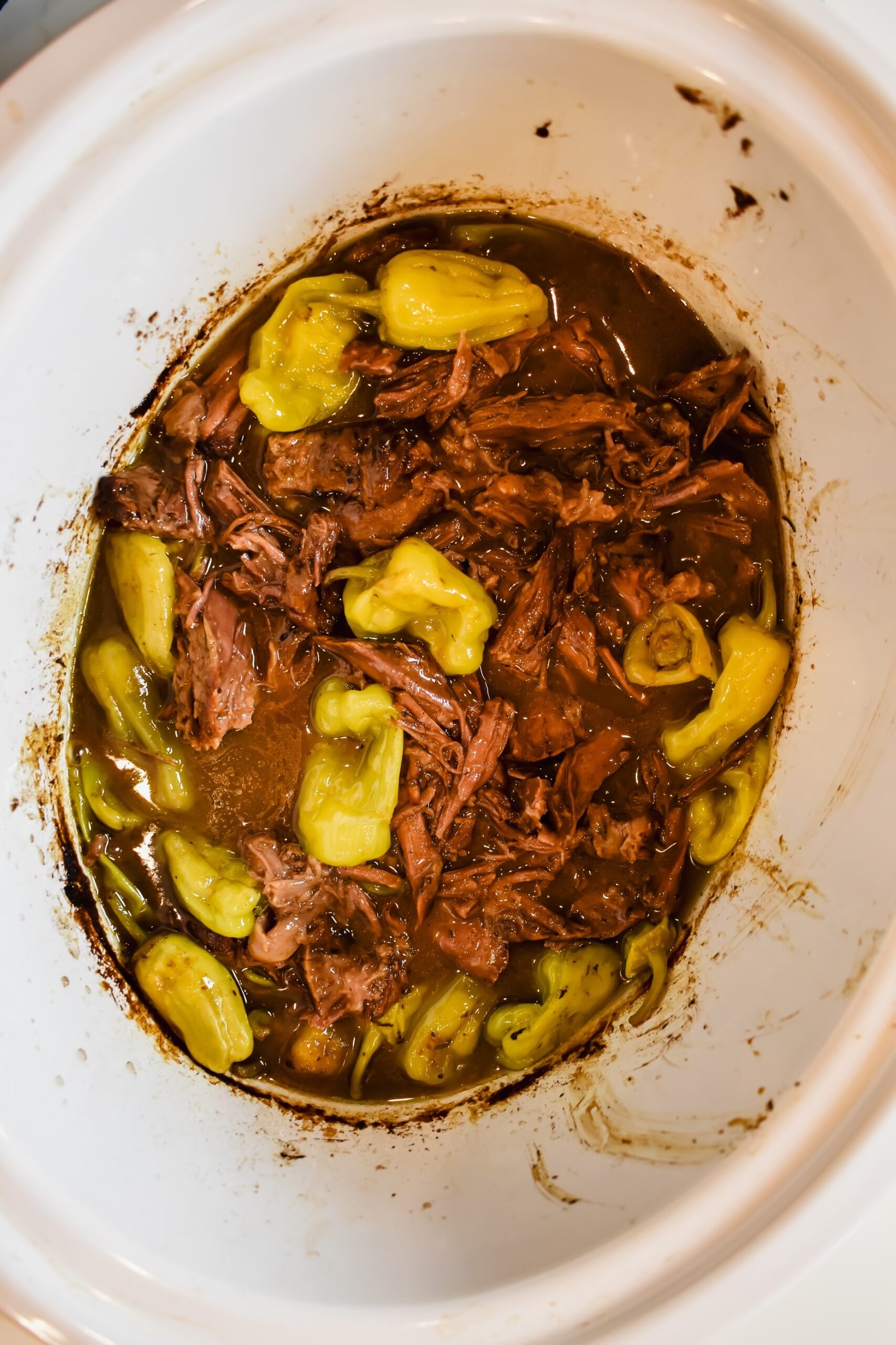 This is a picture of the Mississippi pot roast after I had shredded the beef and it finished cooking in the slow cooker.