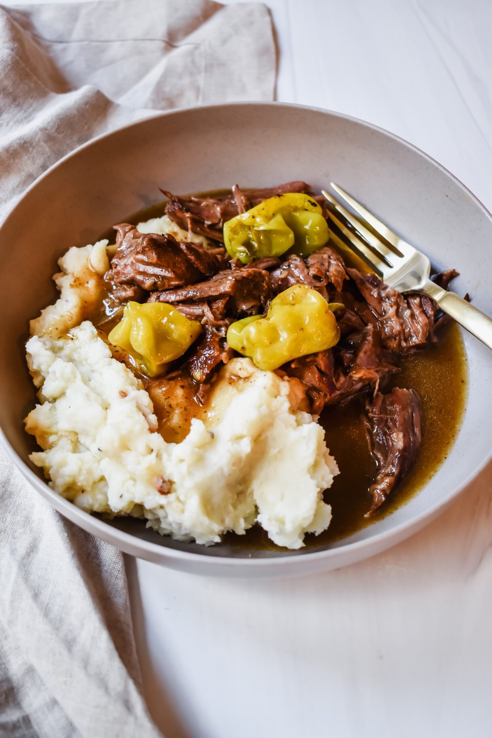 This is a side view close up of that same plate featuring my slow cooker Mississippi pot roast. 