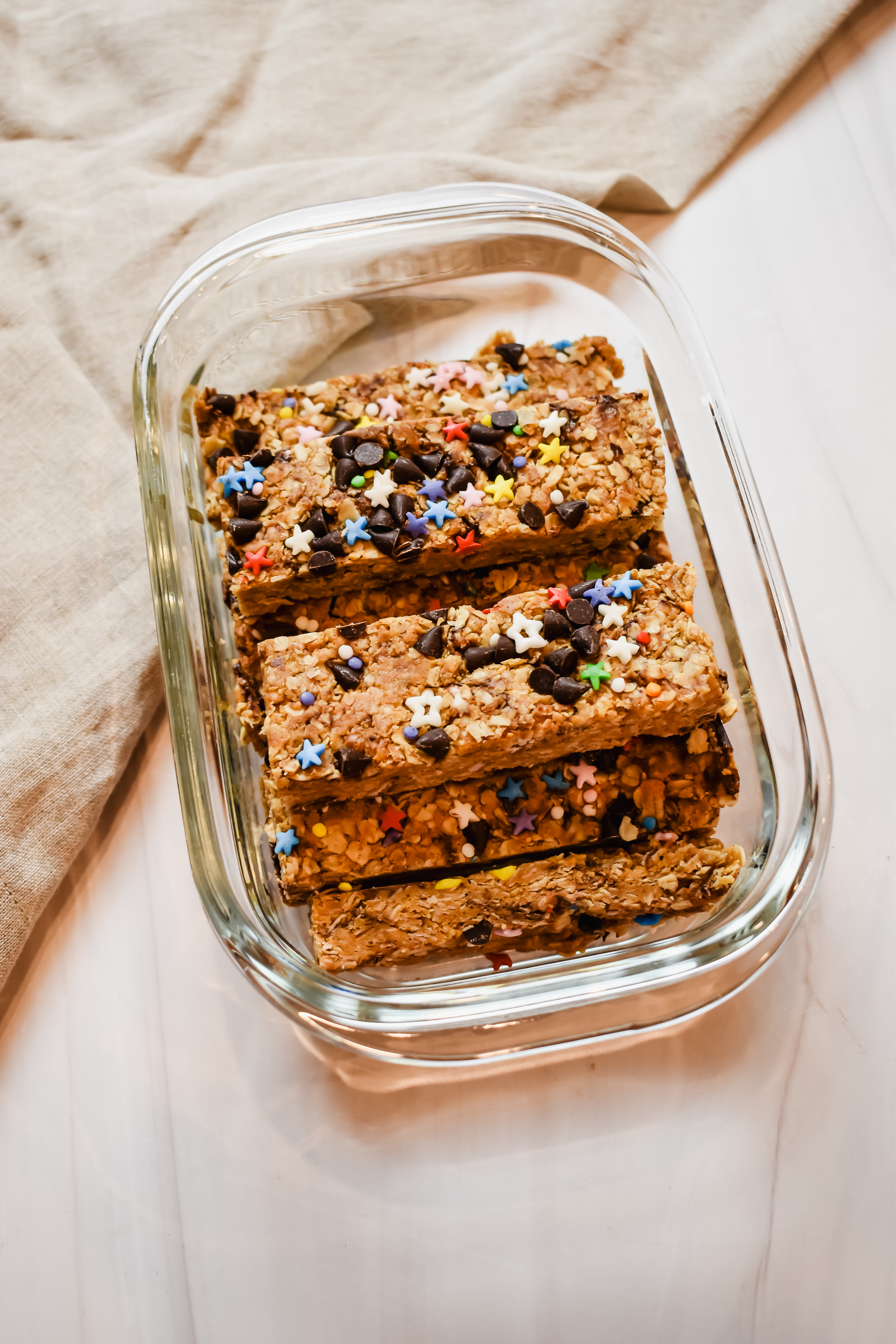 this is a close side view of my homemade toddler granola bars in the same container.