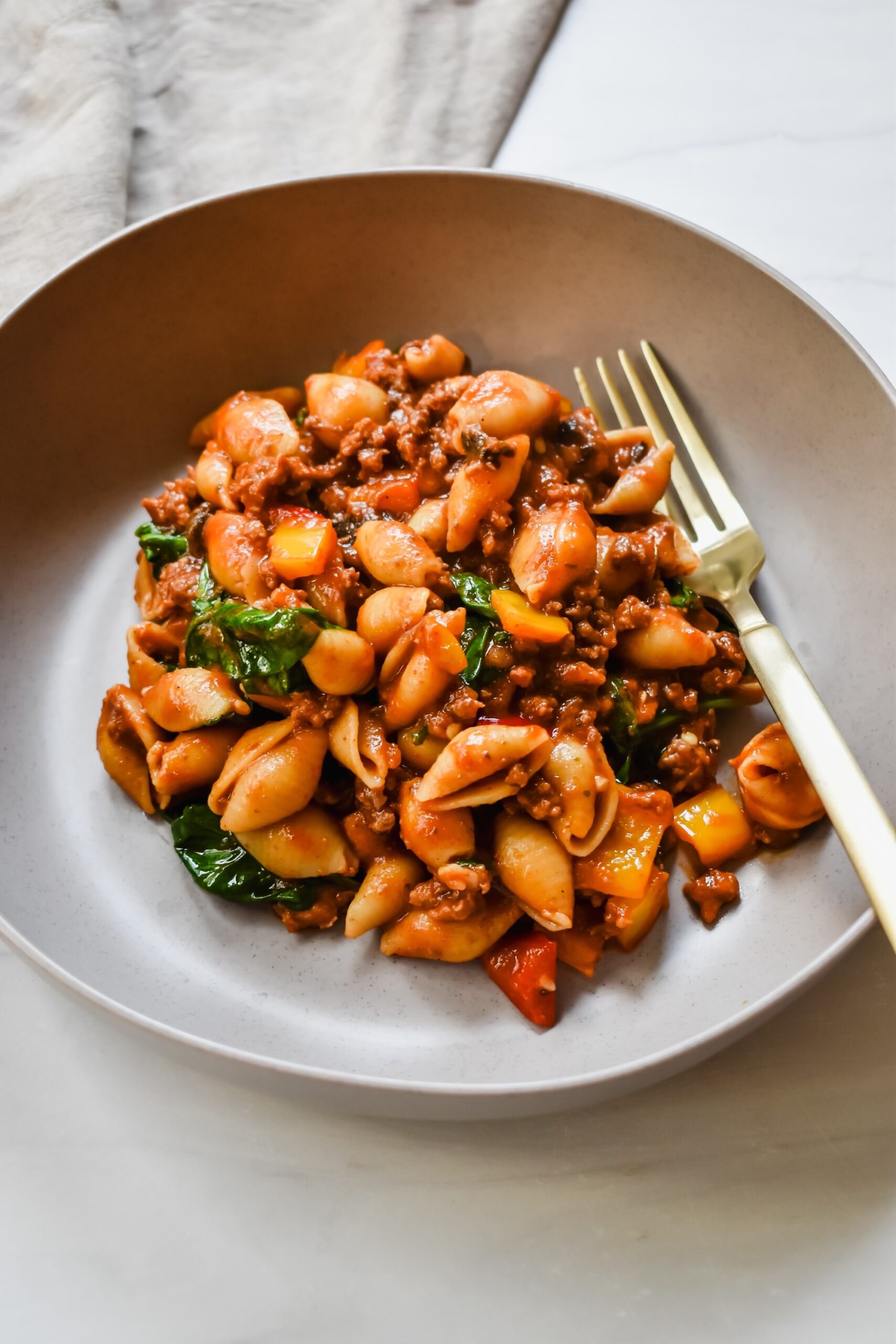 This is a side view close up of my healthy taco pasta in a bowl. 